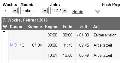 Zeiterfassung - Stundenliste