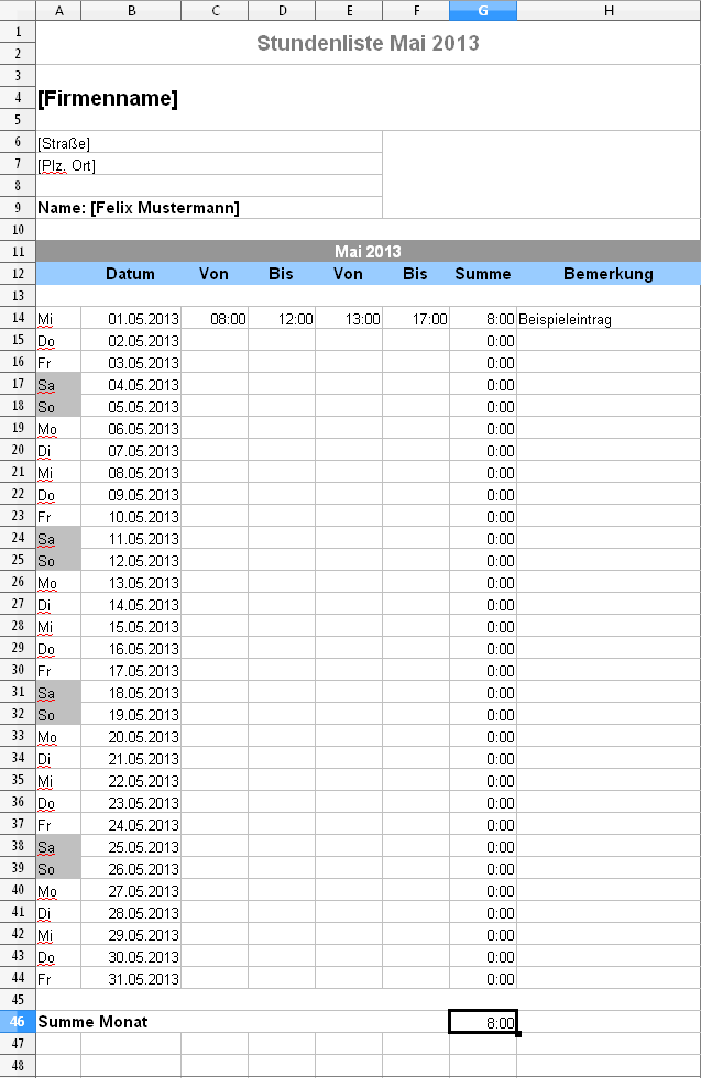 Zeiterfassung per Excel Stundenliste